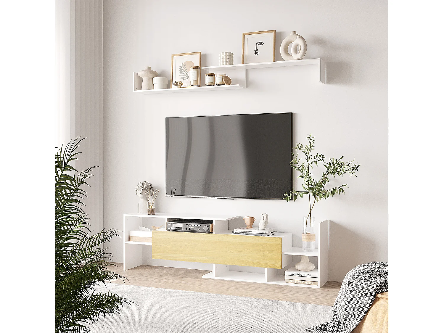 Mueble de televisión blanco y natural 153.6x25x42 cm HOMCOM