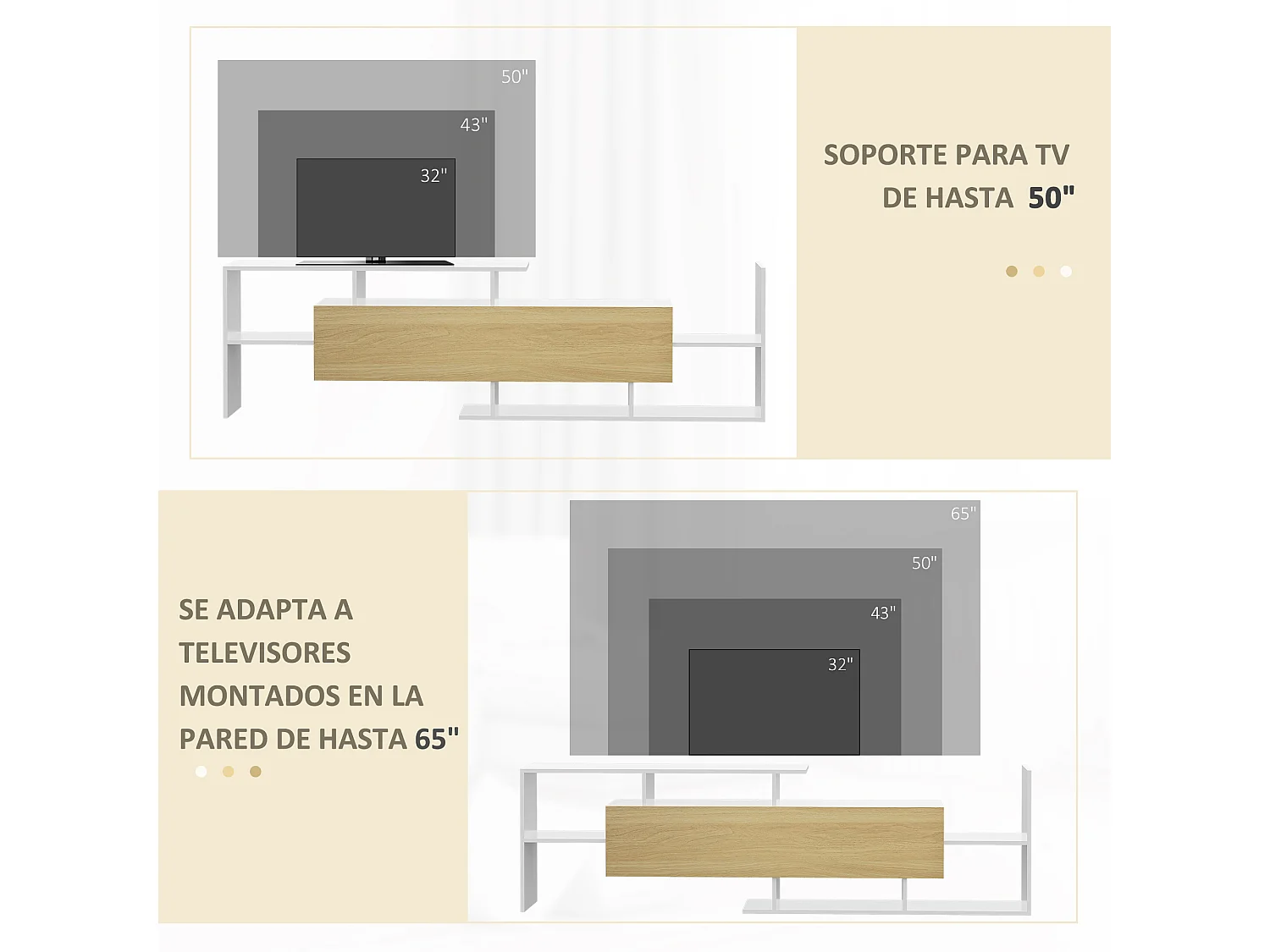 Mueble de televisión blanco y natural 153.6x25x42 cm HOMCOM