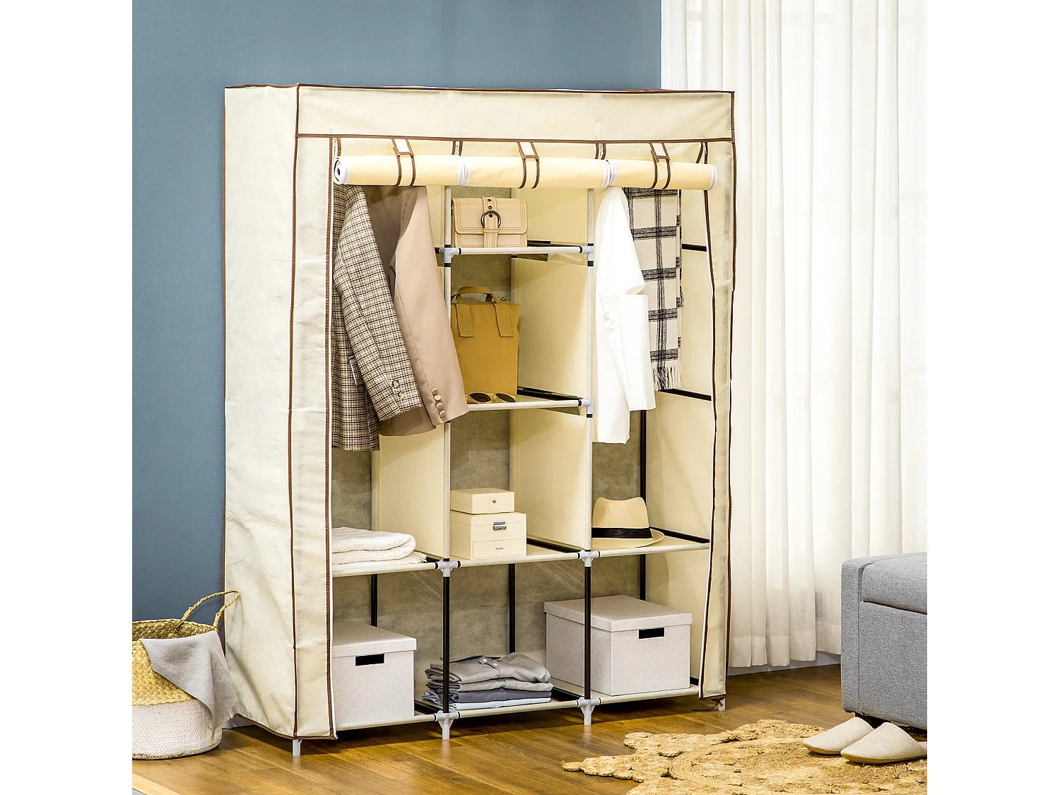 Faltbarer Kleiderschrank aus Stoff, tragbar, 125 x 43 x 162,5 cm – Cremeweiß