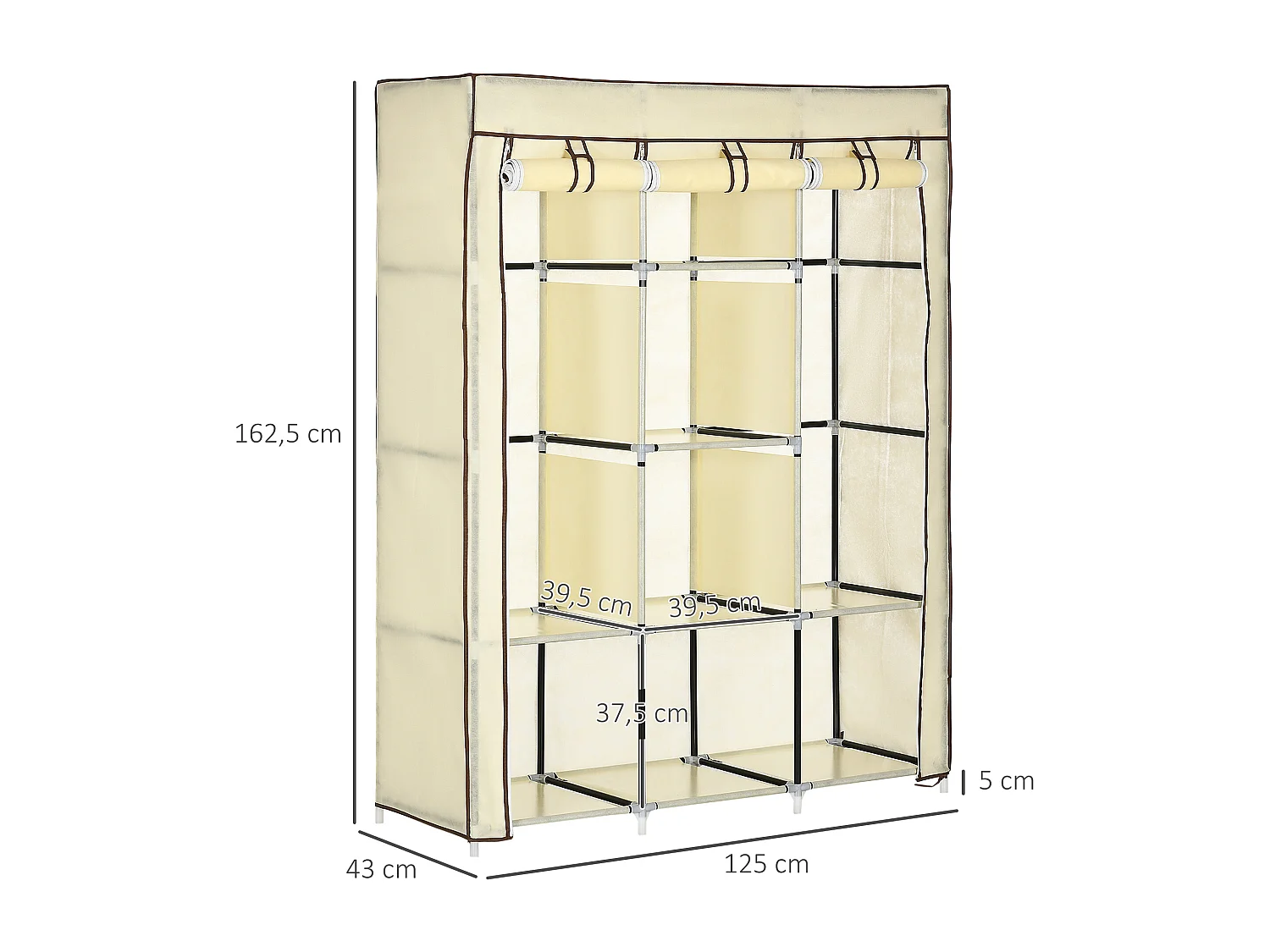 Faltbarer Kleiderschrank aus Stoff, tragbar, 125 x 43 x 162,5 cm – Cremeweiß
