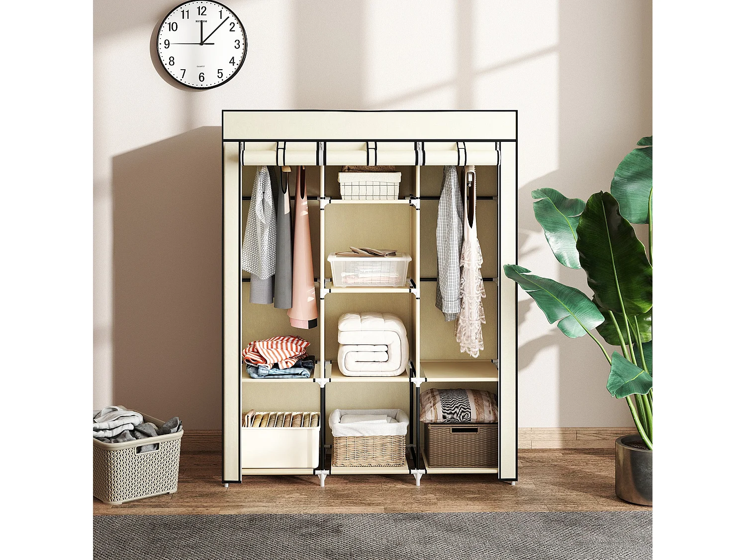 Faltbarer Kleiderschrank aus Stoff, tragbar, 125 x 43 x 162,5 cm – Cremeweiß