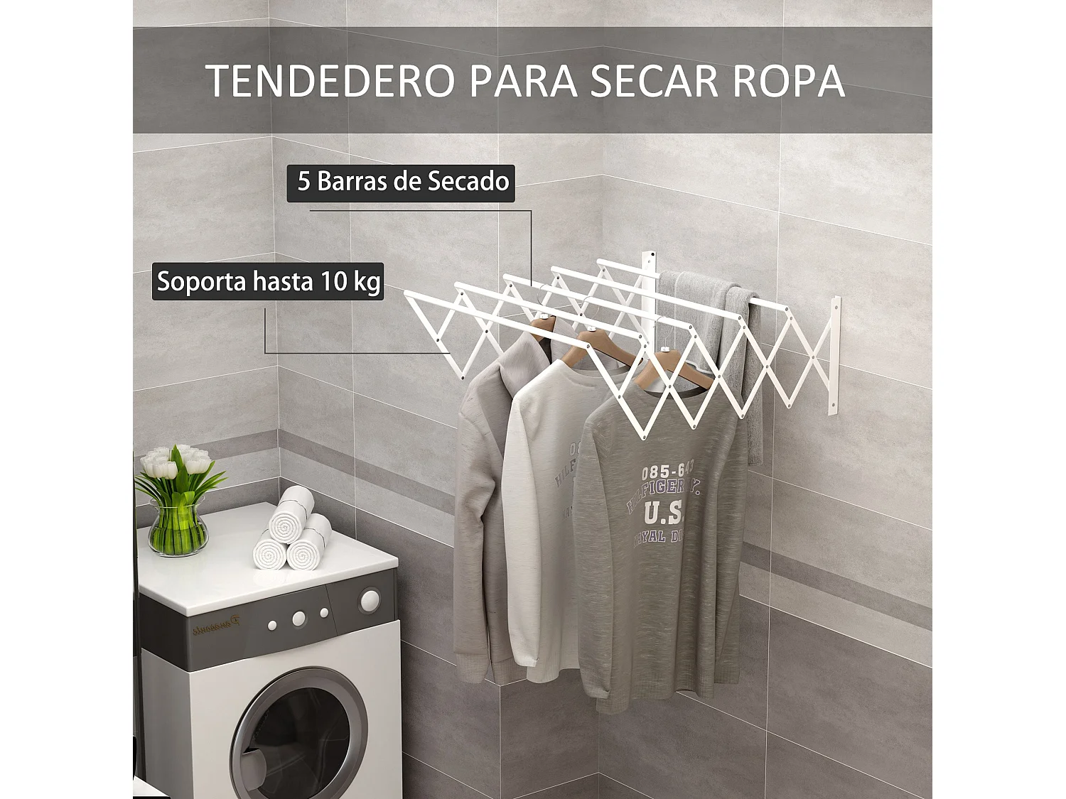 Tendedero de pared blanco 63.5x60x20 cm HOMCOM