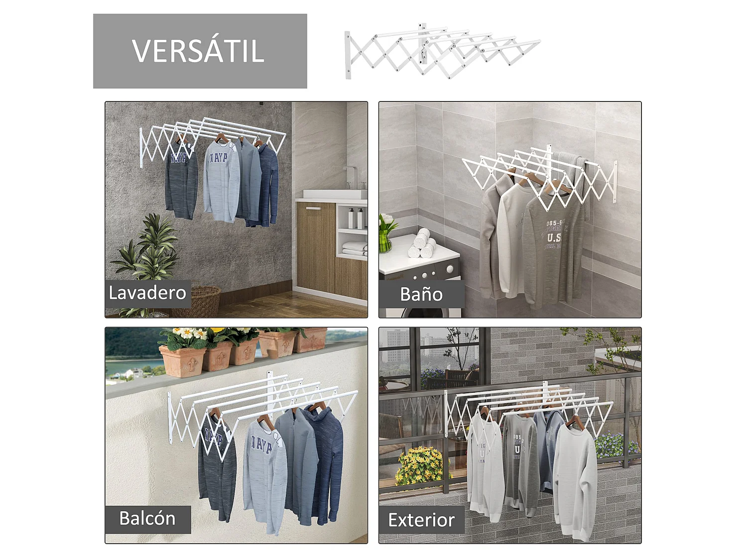 Tendedero de pared blanco 63.5x60x20 cm HOMCOM