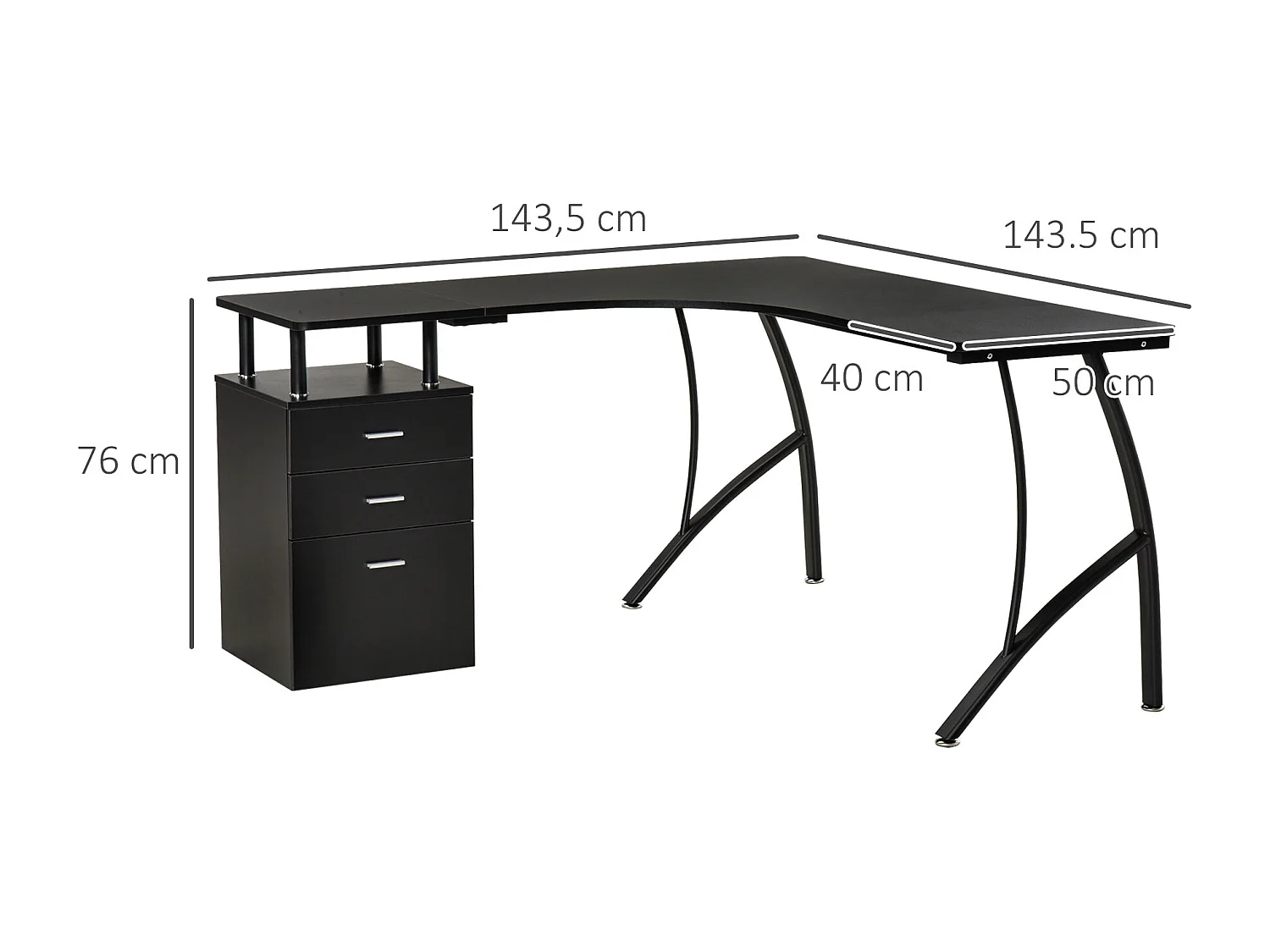 Escritorio esquinero negro 143.5x143.5x76 cm HOMCOM