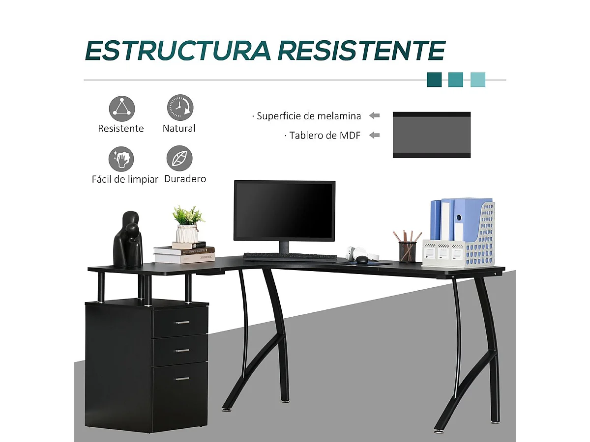 Escritorio esquinero negro 143.5x143.5x76 cm HOMCOM