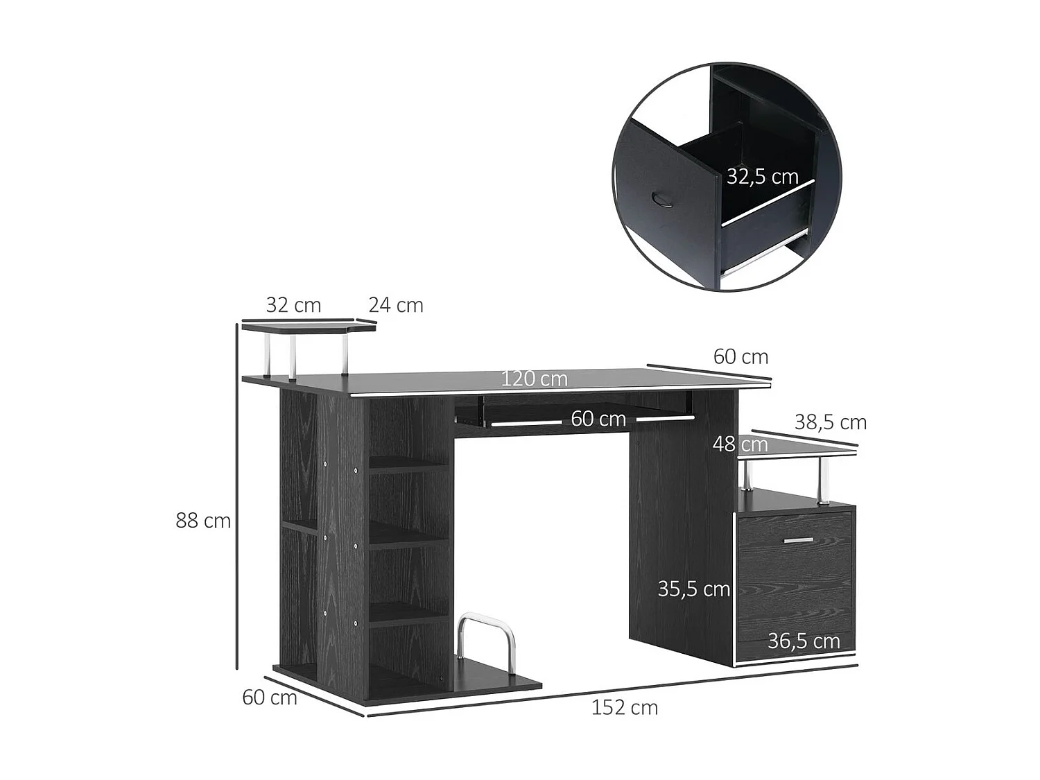 Mesa de ordenador negro 152x60x88 cm HOMCOM