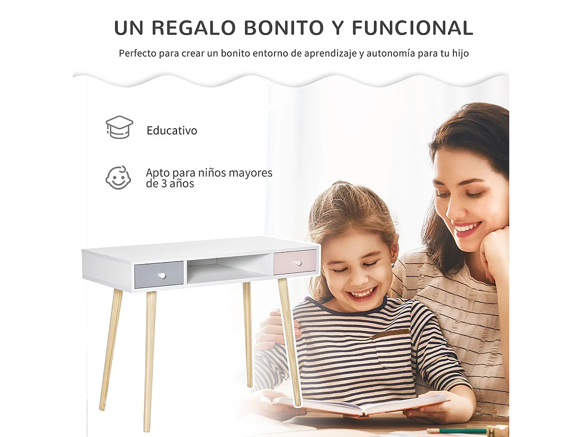 Escritorio infantil blanco, rosa, gris, madera natural 100x48x76.5 cm HOMCOM