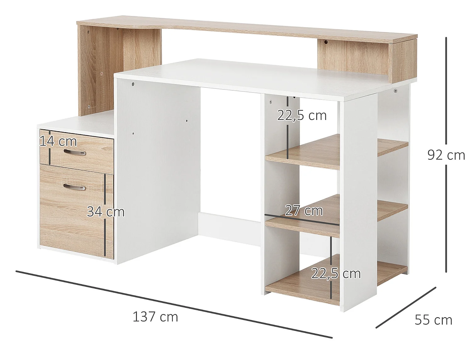 Mesa de ordenador roble y blanco 137x55x92 cm HOMCOM