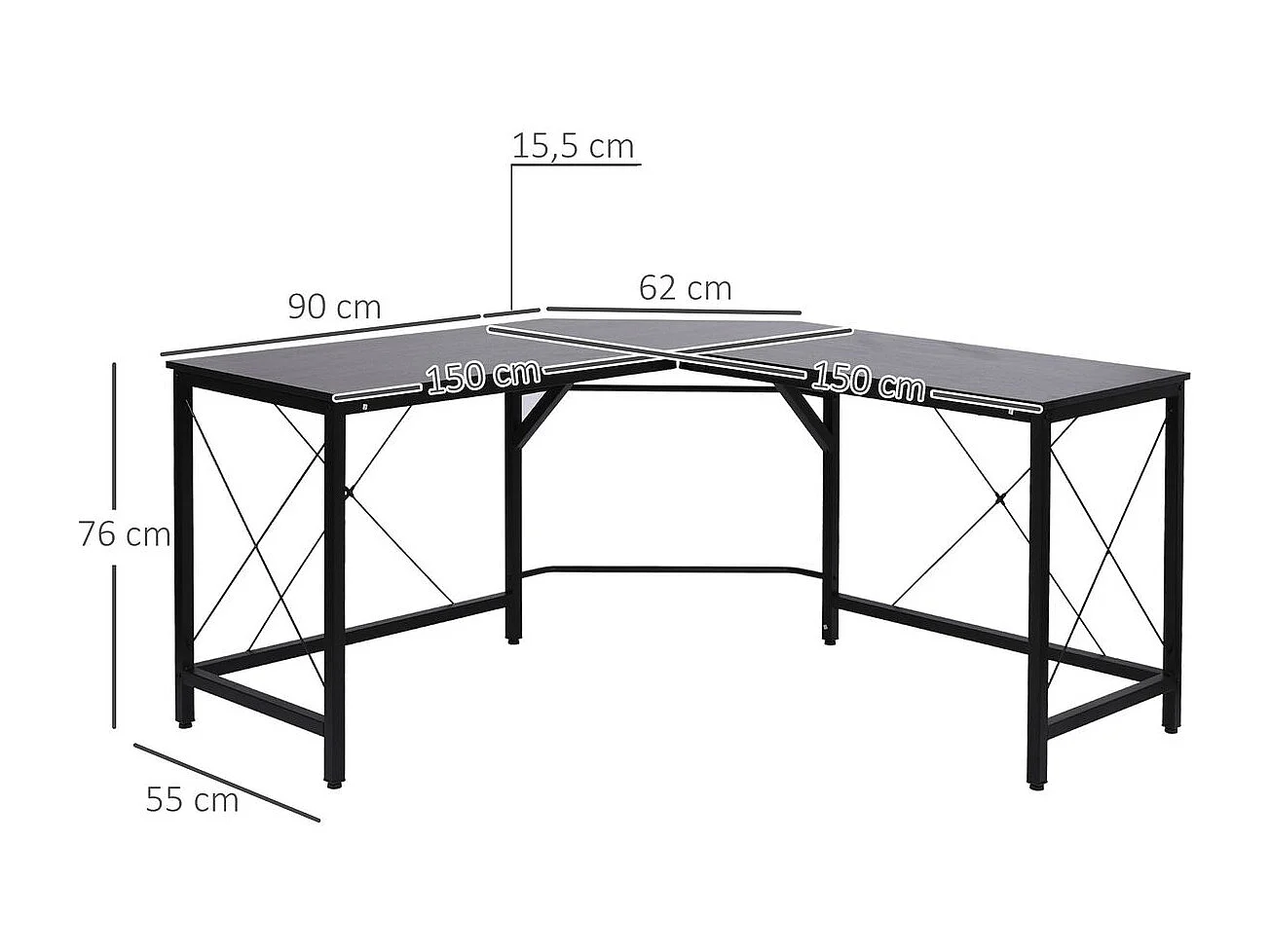 Mesa de ordenador negro 150x150x76cm HOMCOM