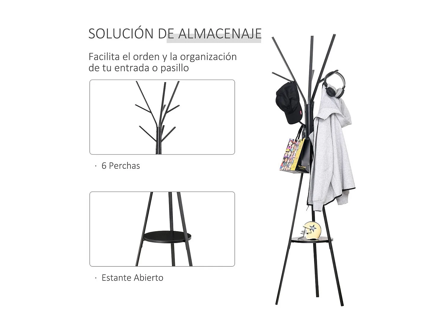 Perchero de pie metálico negro 45x45x180 cm HOMCOM