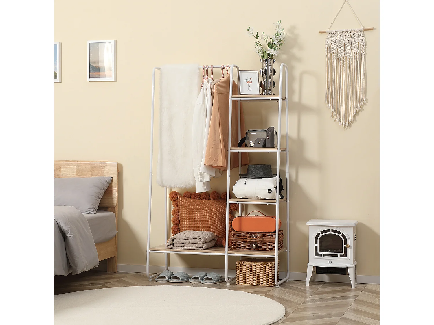 Perchero de ropa blanco y madera natural 101x39x160 cm HOMCOM