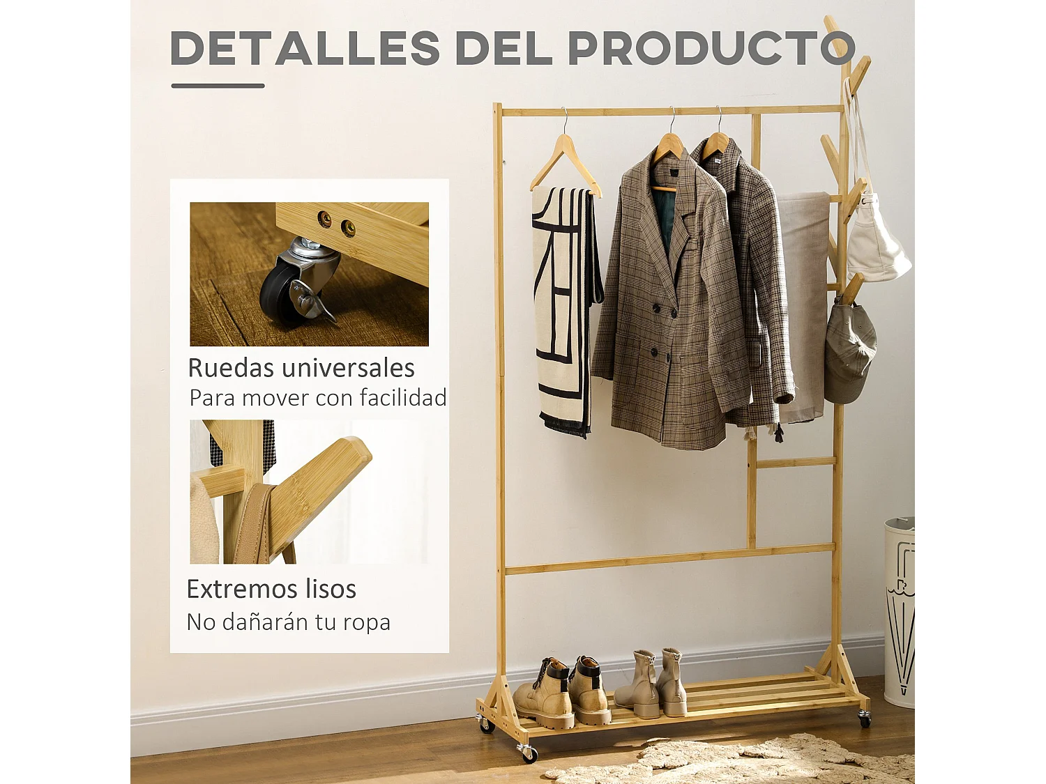 Perchero de pie madera natural 100x37x191 cm HOMCOM