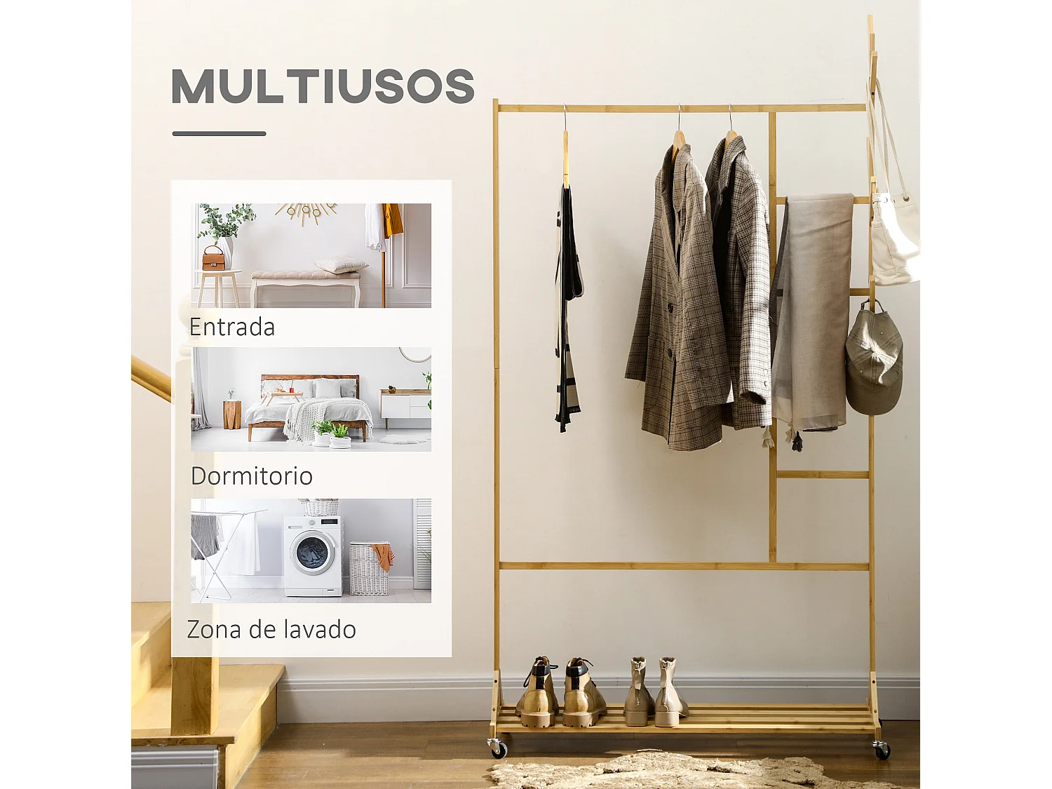 Perchero de pie madera natural 100x37x191 cm HOMCOM