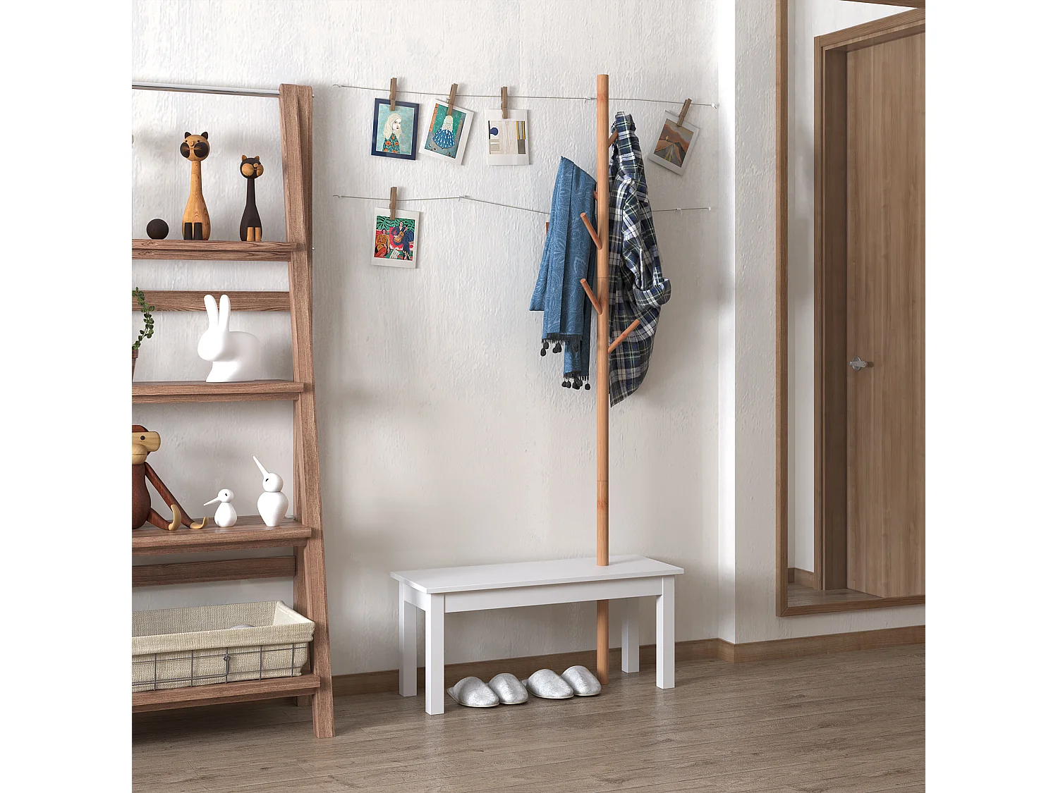 Perchero de pie con banco blanco y madera natural 80x30x180 cm HOMCOM