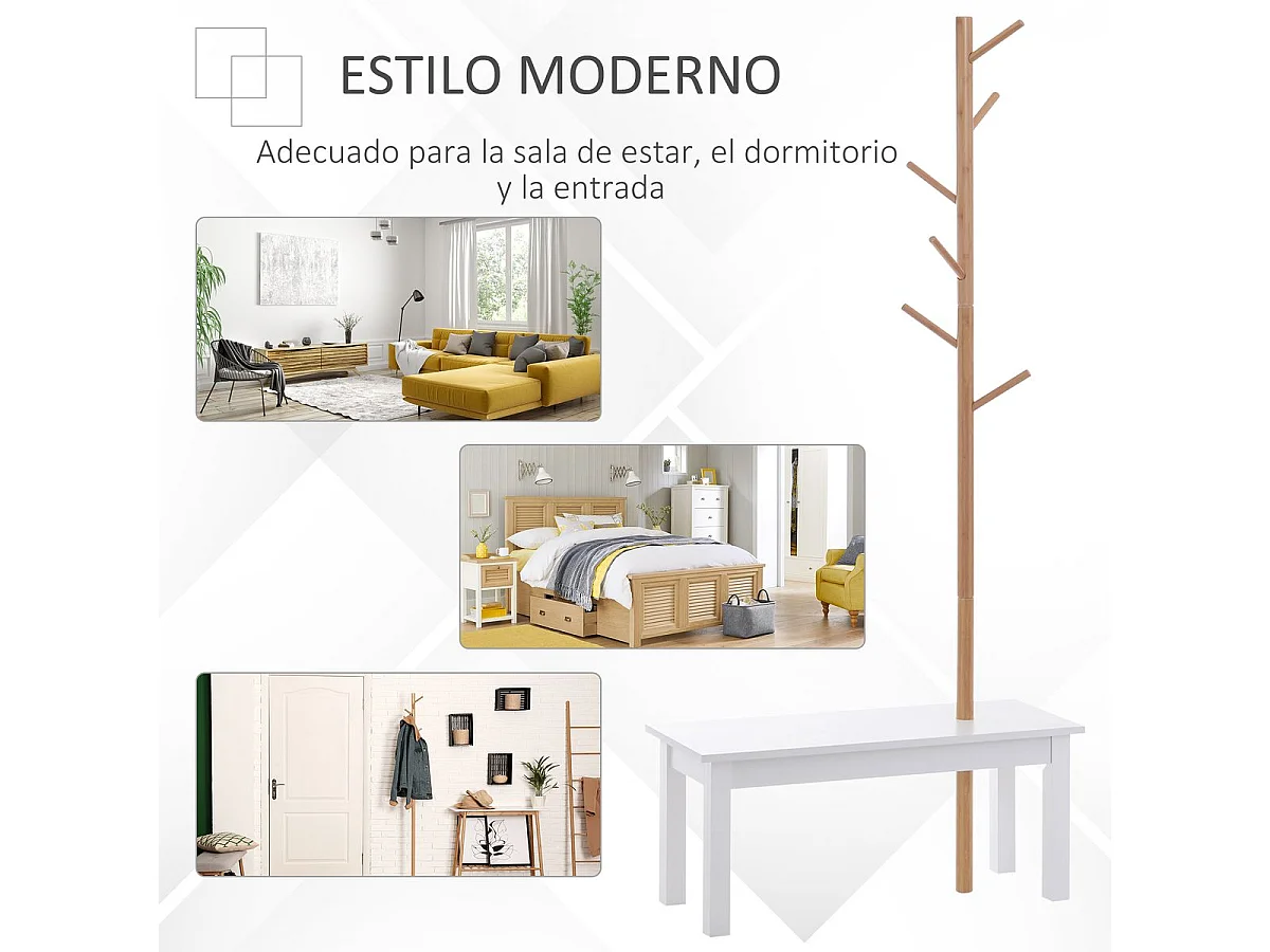 Perchero de pie con banco blanco y madera natural 80x30x180 cm HOMCOM