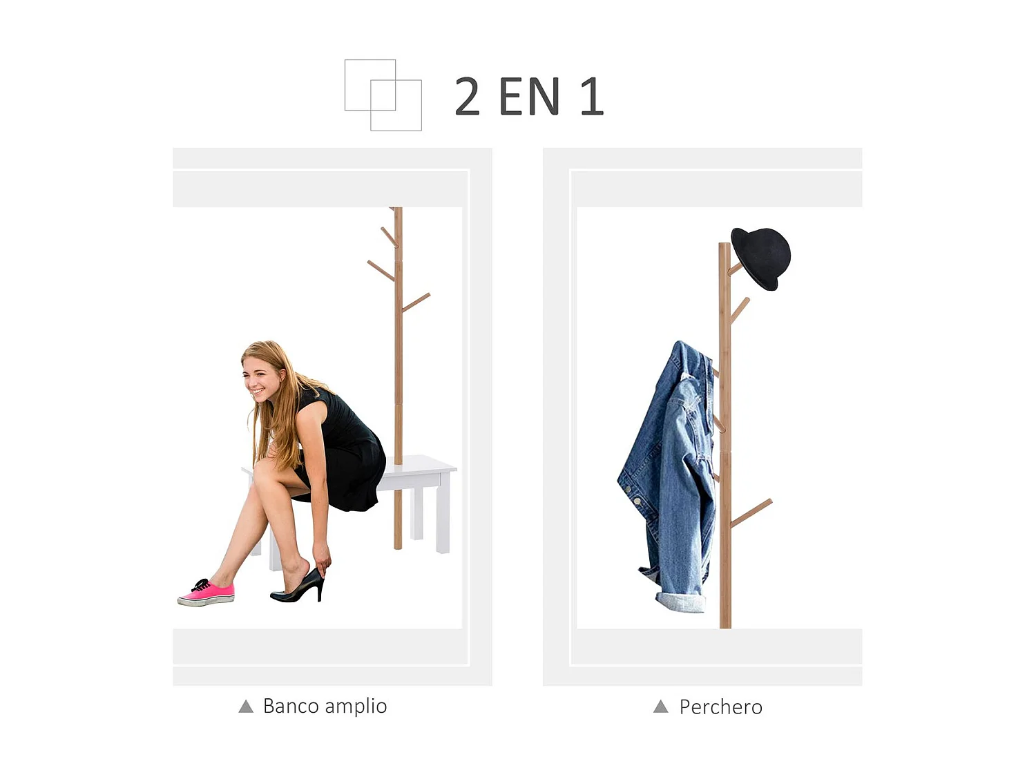 Perchero de pie con banco blanco y madera natural 80x30x180 cm HOMCOM