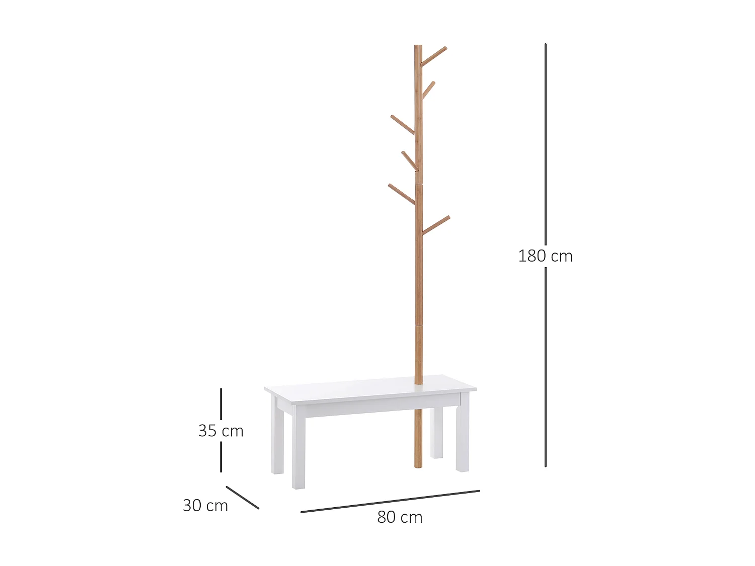 Perchero de pie con banco blanco y madera natural 80x30x180 cm HOMCOM
