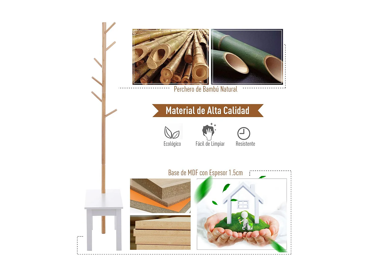 Perchero de pie con banco blanco y madera natural 80x30x180 cm HOMCOM