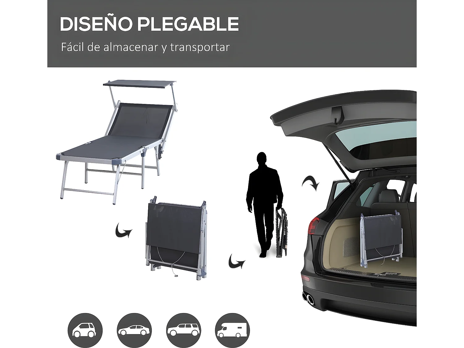 Tumbona con toldo gris 169x72x70 cm Outsunny