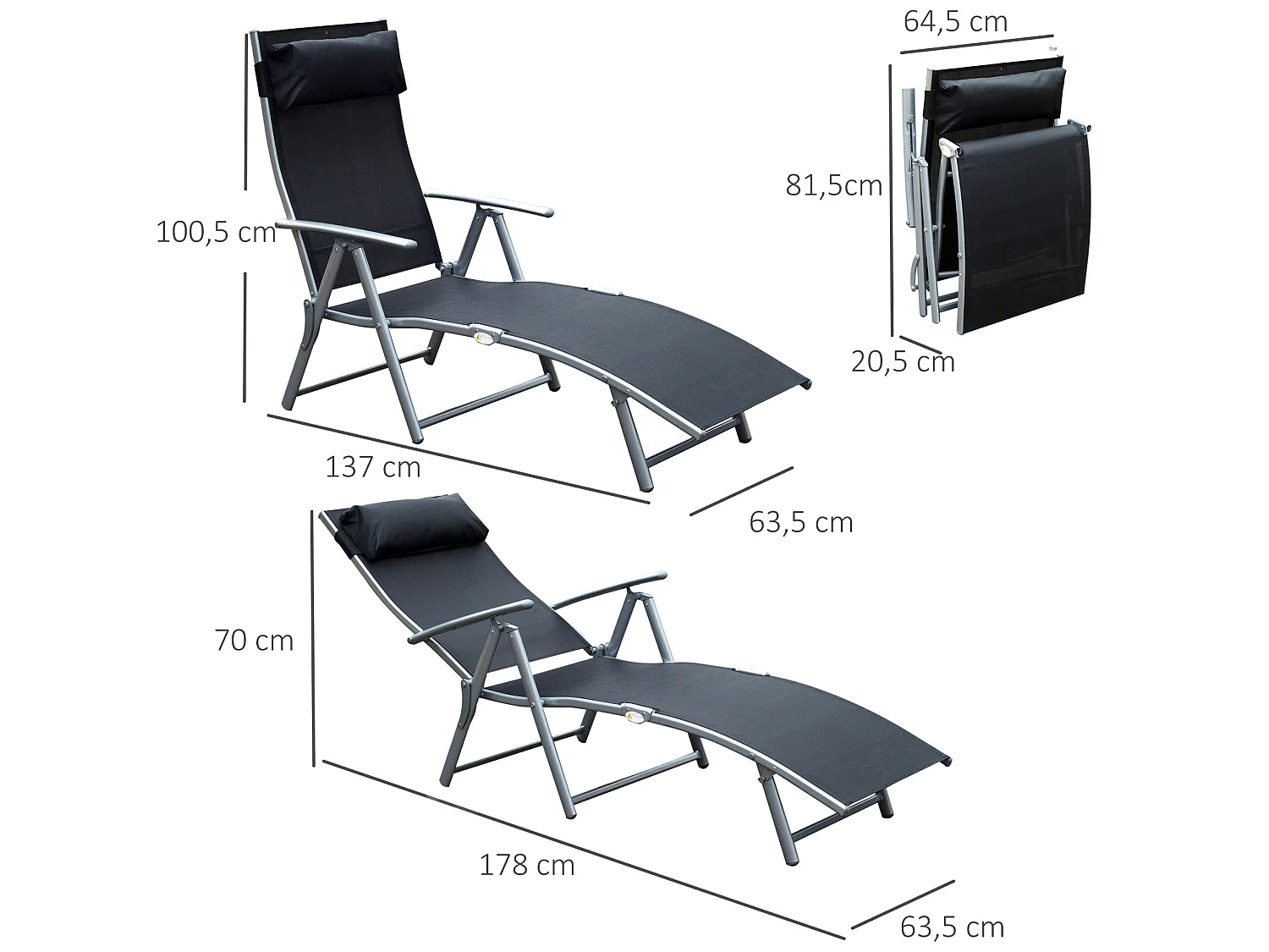 Tumbona plegable negro 137x63.5x100.5 cm Outsunny