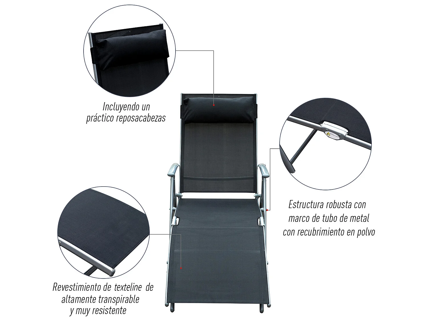 Tumbona plegable negro 137x63.5x100.5 cm Outsunny