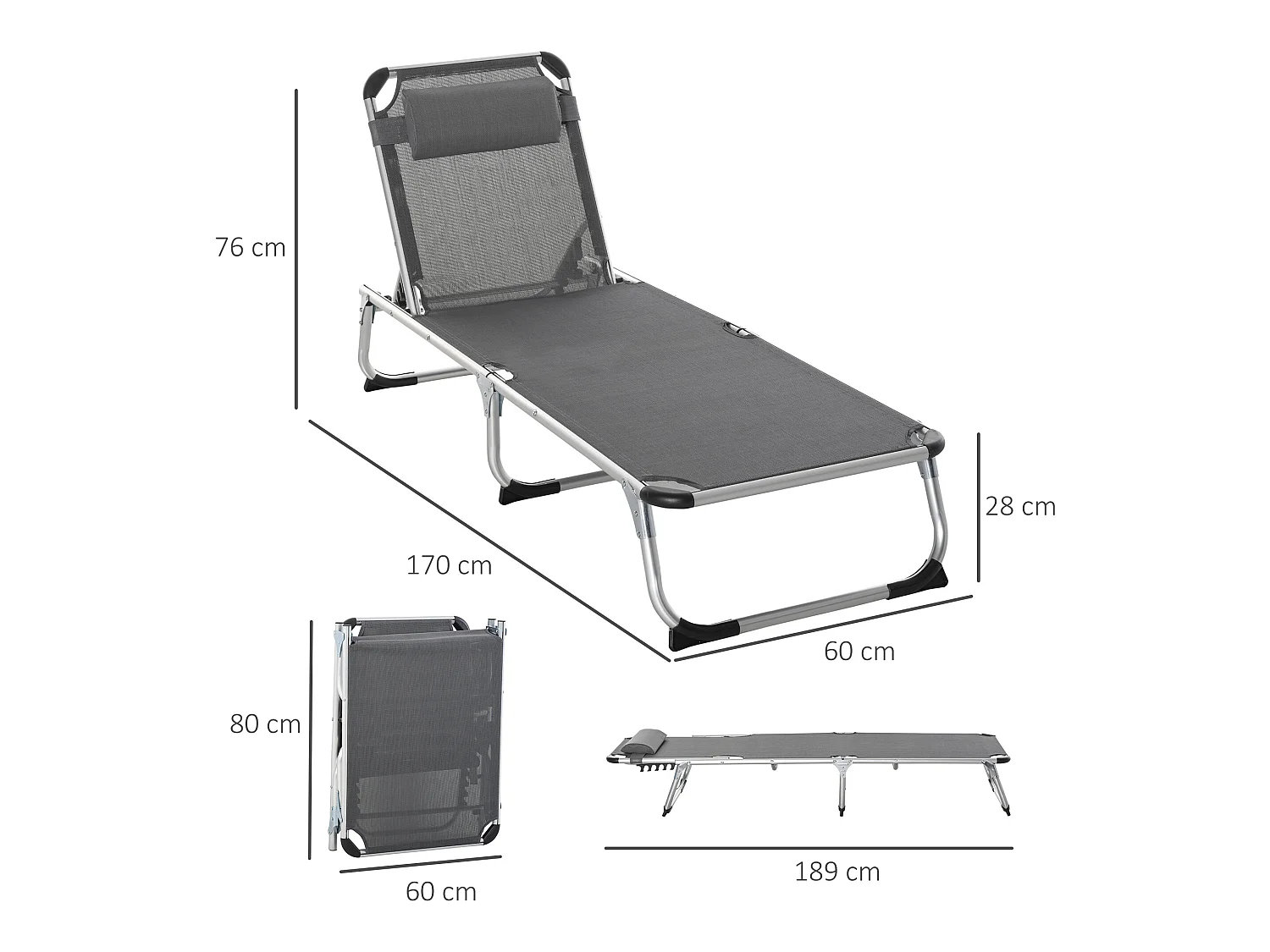 Tumbona plegable gris 170x60x76 cm Outsunny