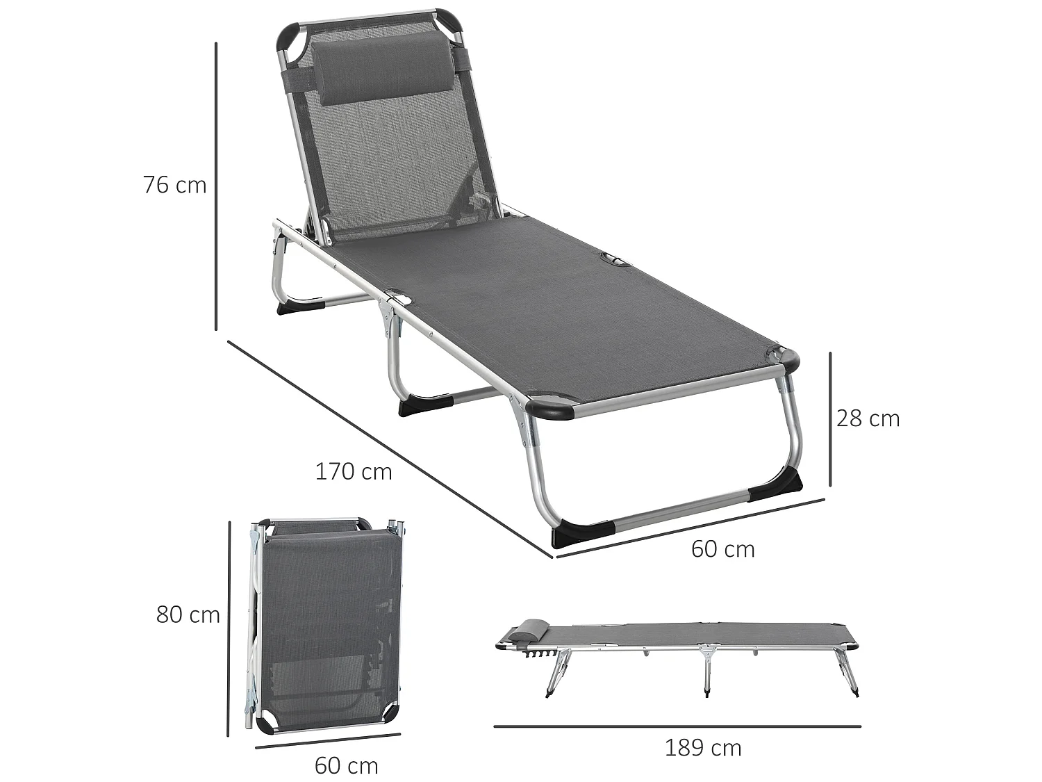 Tumbona plegable gris 170x60x76 cm Outsunny
