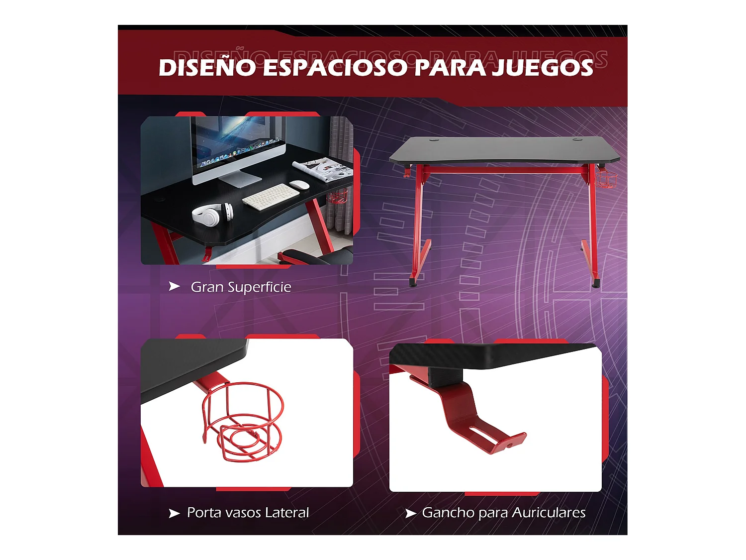 Mesa gaming rojo 120x65x74.5 cm HOMCOM