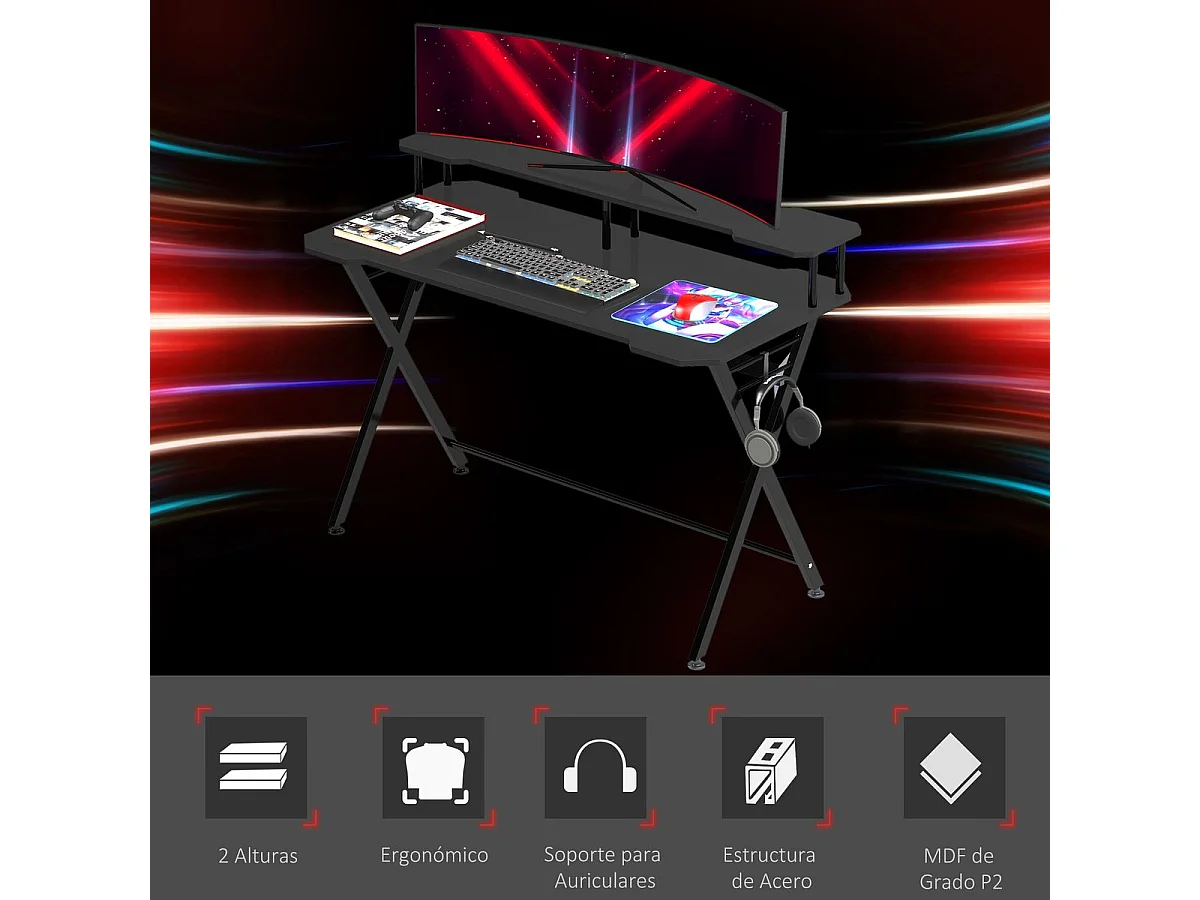 Mesa gaming negro 140x60x90 cm HOMCOM