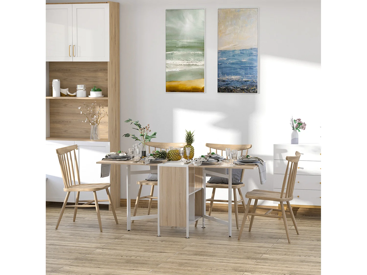 Table de rangement pliante à 4 étagères, 169 x 62 x 75 cm, chêne et blanc