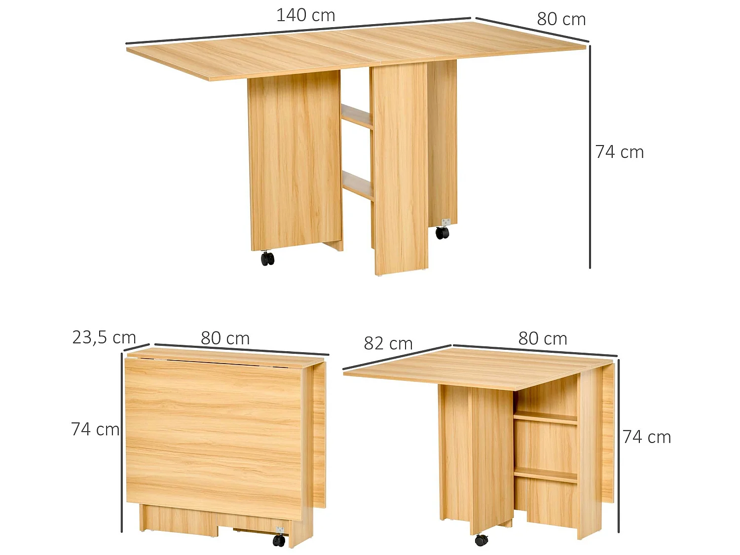 Mesa plegable con ruedas madera natural 140x80x74 cm HOMCOM