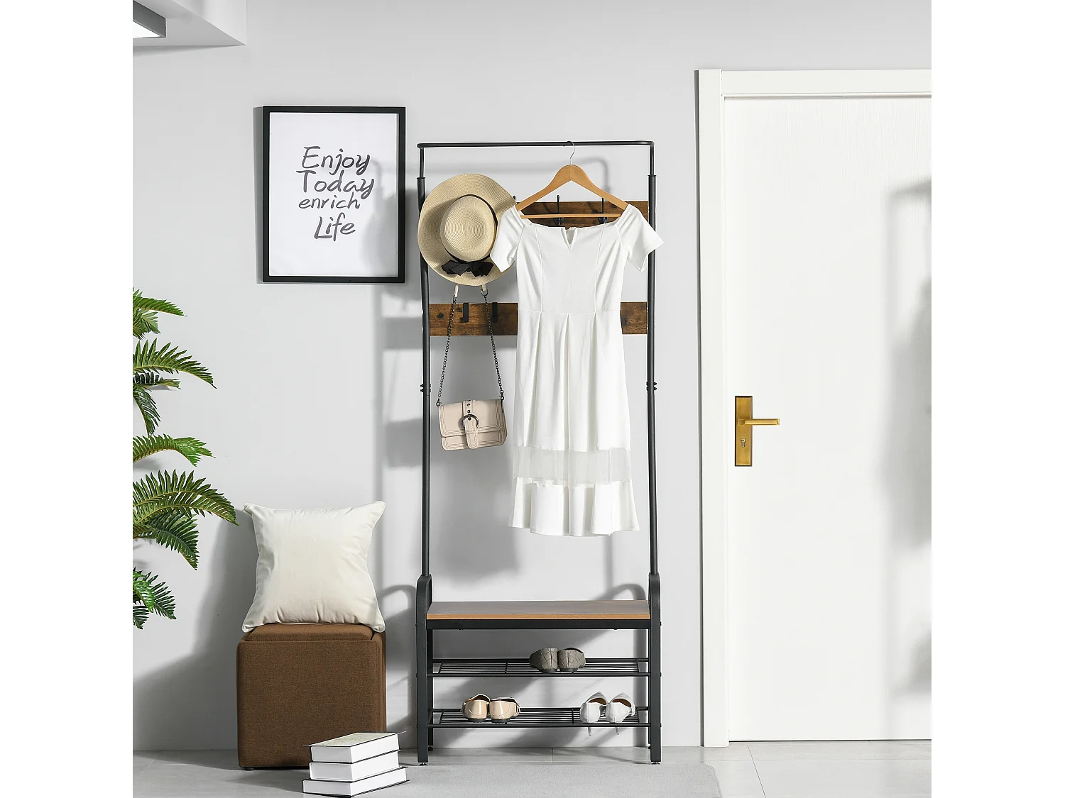 Perchero metálico negro, color de grano de madera 72x34x185cm HOMCOM