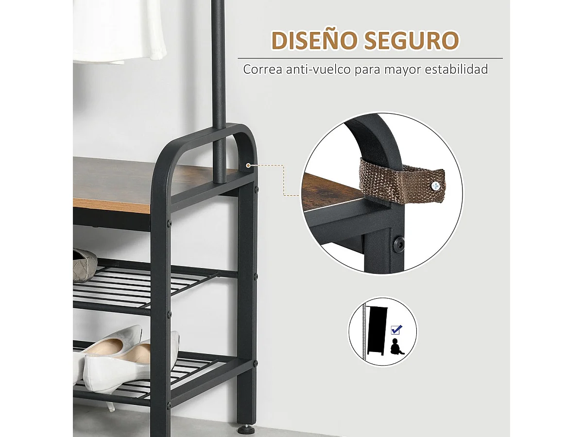 Perchero metálico negro, color de grano de madera 72x34x185cm HOMCOM