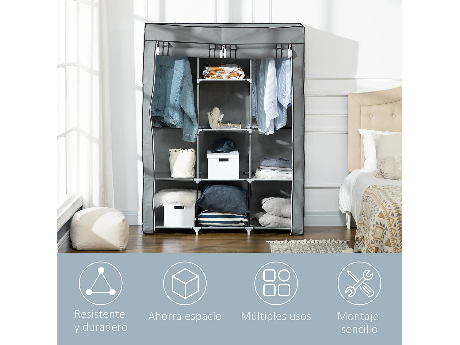 Armario de tela gris claro 125x43x162.5 cm HOMCOM