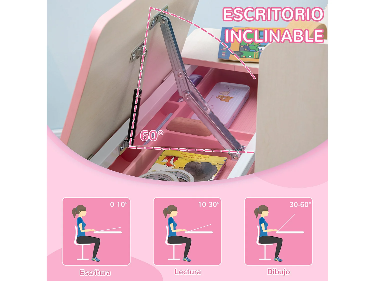 Pupitre infantil rosa 80x52x109 cm HOMCOM