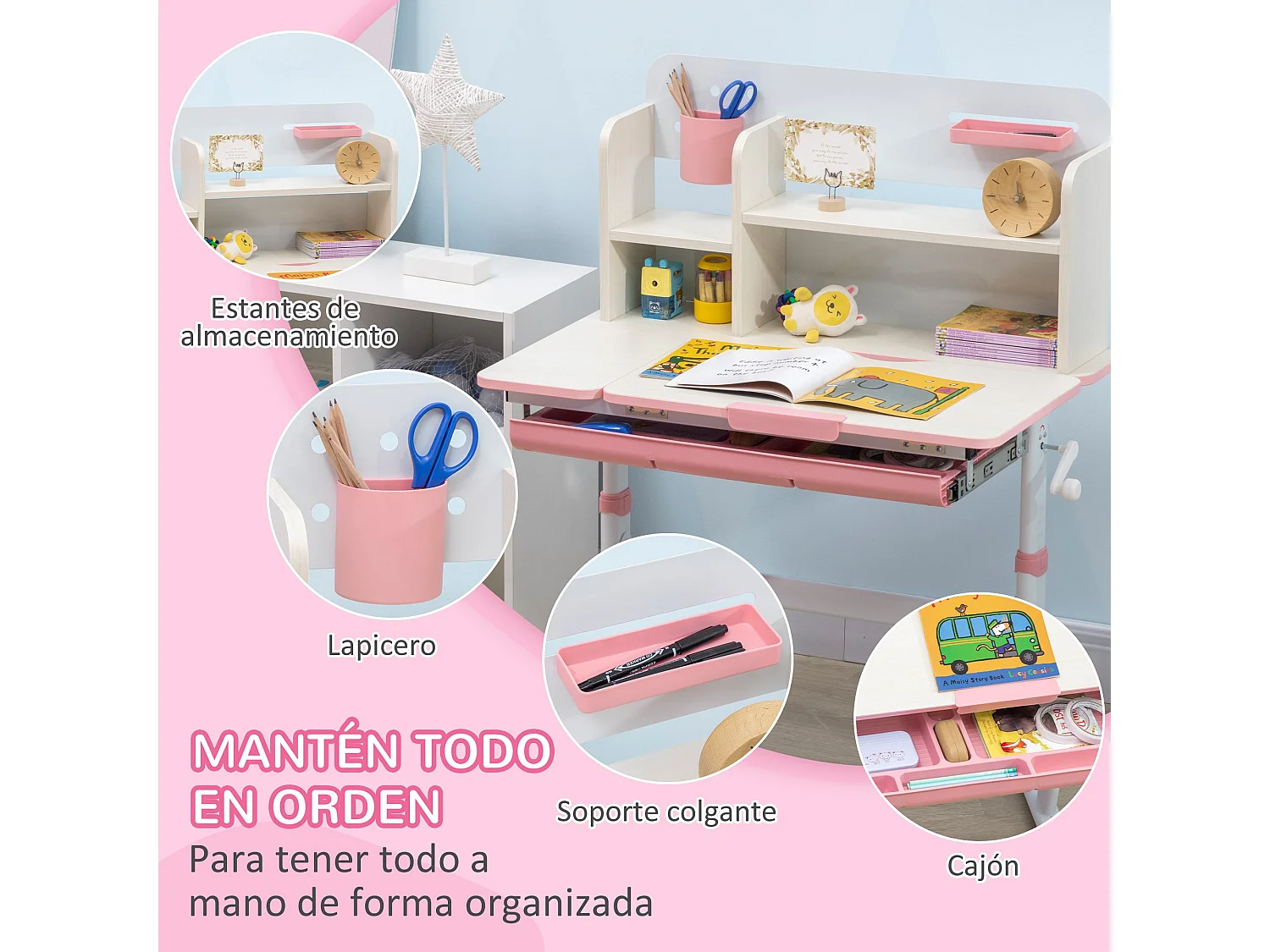 Pupitre infantil rosa 80x52x109 cm HOMCOM