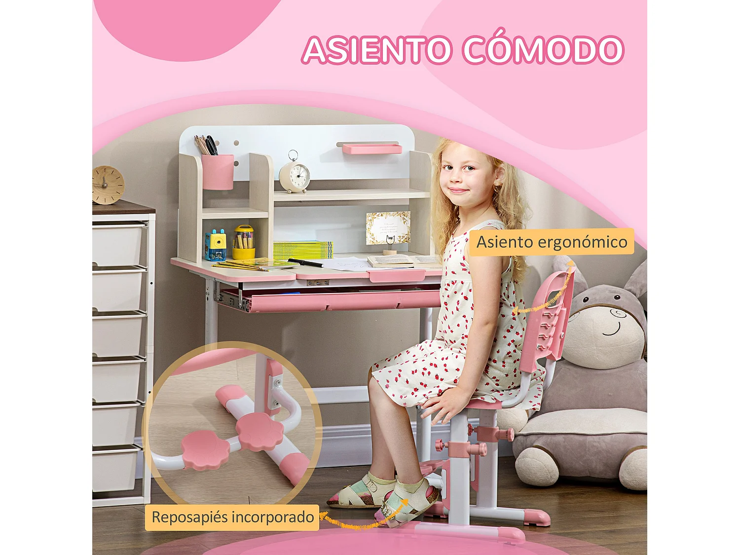 Pupitre infantil rosa 80x52x109 cm HOMCOM