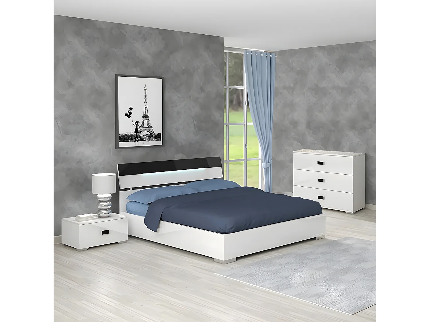 CADIRY - Lit 140x190cm Blanc et Anthracite avec Leds