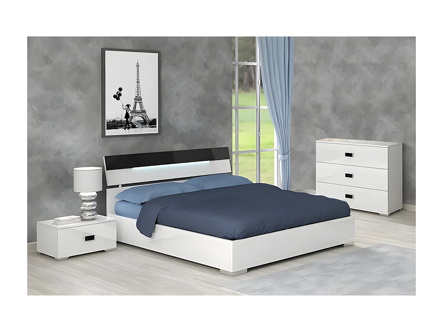 CADIRY - Lit 140x190cm Blanc et Anthracite avec Leds