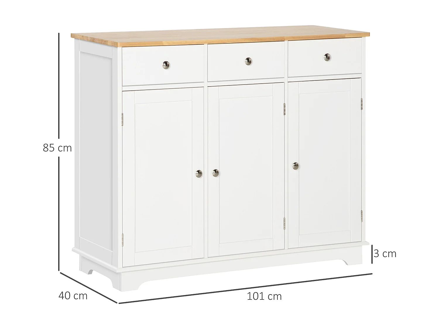 Buffet de cuisine – 101 x 40 x 85 cm – Blanc – MDF avec plateau en bois d'hévéa