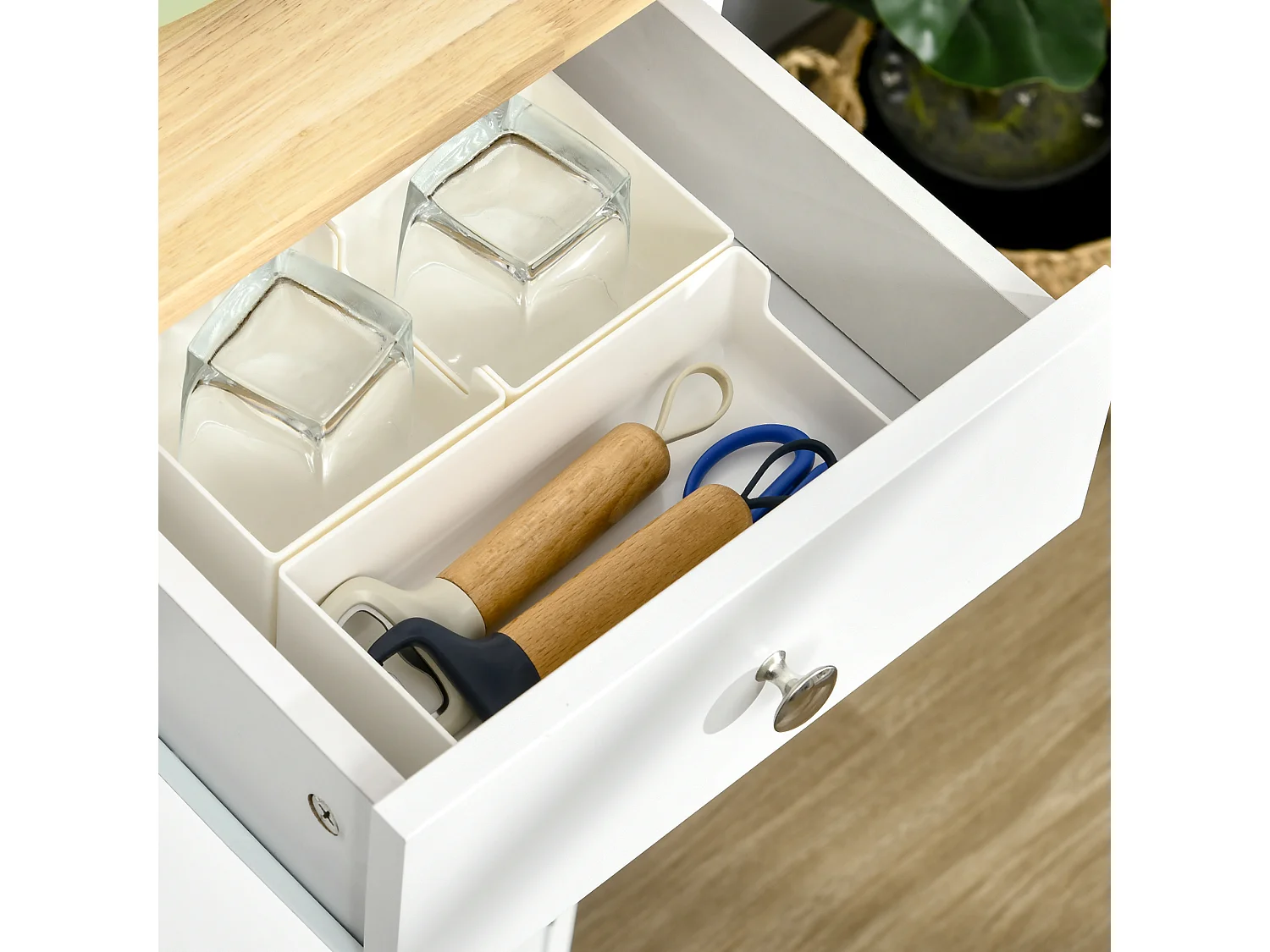 Buffet de cuisine – 101 x 40 x 85 cm – Blanc – MDF avec plateau en bois d'hévéa