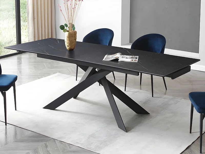 Table à manger extensible 6 à 10 personnes en céramique, verre trempé et métal - Effet marbre noir - COREMA de Maison Céphy