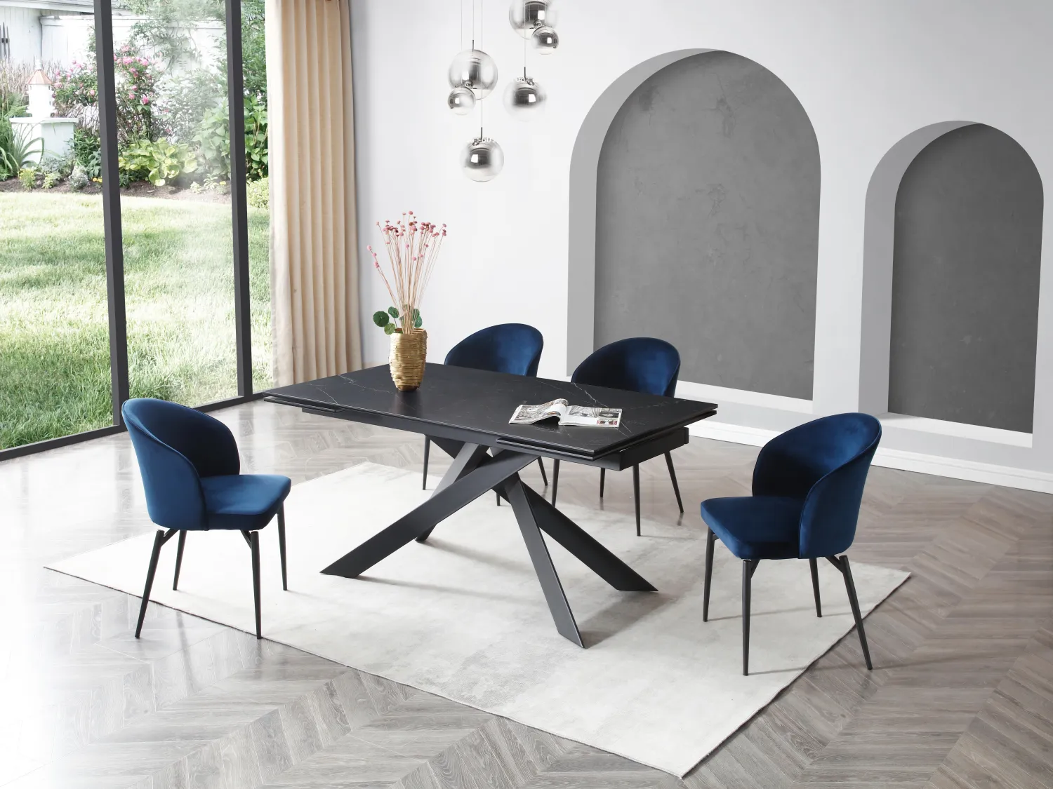 Mesa extensible de comedor de 6 a 10 plazas de cerámica, vidrio templado y metal - Efecto mármol negro - COREMA de Pascal MORABITO