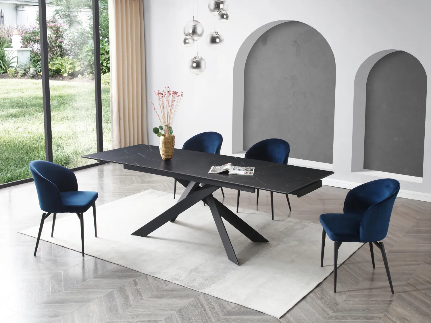 Verlengbare eettafel 6 tot 10 plaatsen van keramiek, gehard glas en metaal - Zwart marmereffect - COREMA van Pascal MORABITO