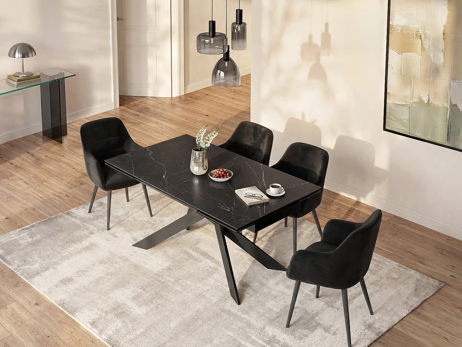 Tavolo allun. 6-10 coperti Ceramica, Vetro temperato e Metallo Effetto Marmo Nero - COREMA di Pascal MORABITO