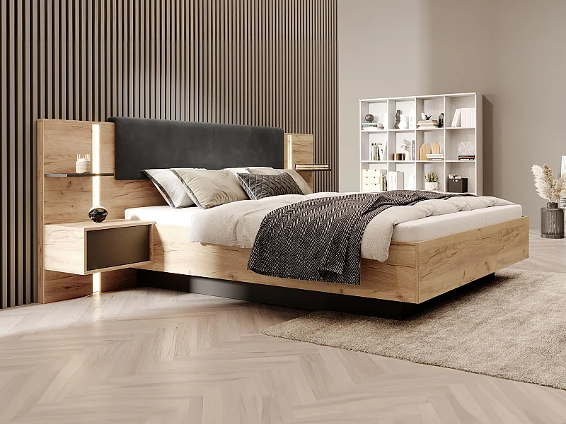 Bett mit Nachttischen - 160 x 200 cm - Mit LED-Beleuchtung - Holzfarben & Anthrazit - ELYNIA