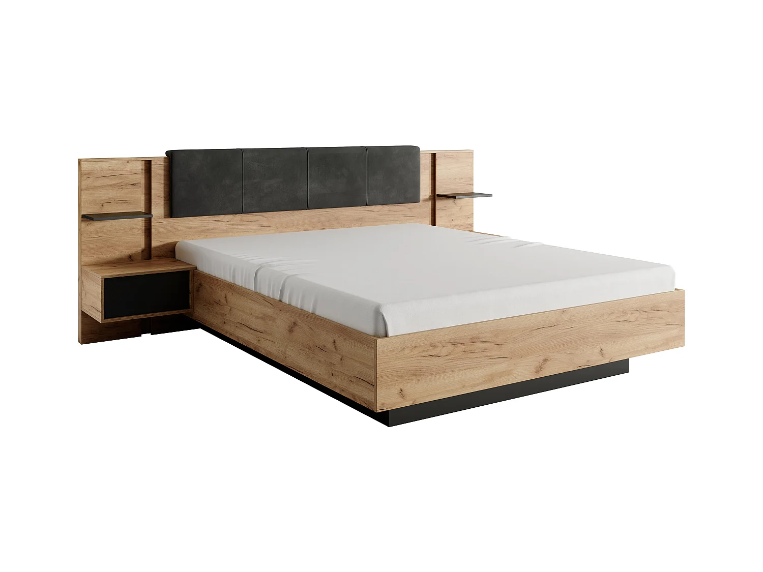 Bett mit Nachttischen - 160 x 200 cm - Mit LED-Beleuchtung - Holzfarben & Anthrazit - ELYNIA