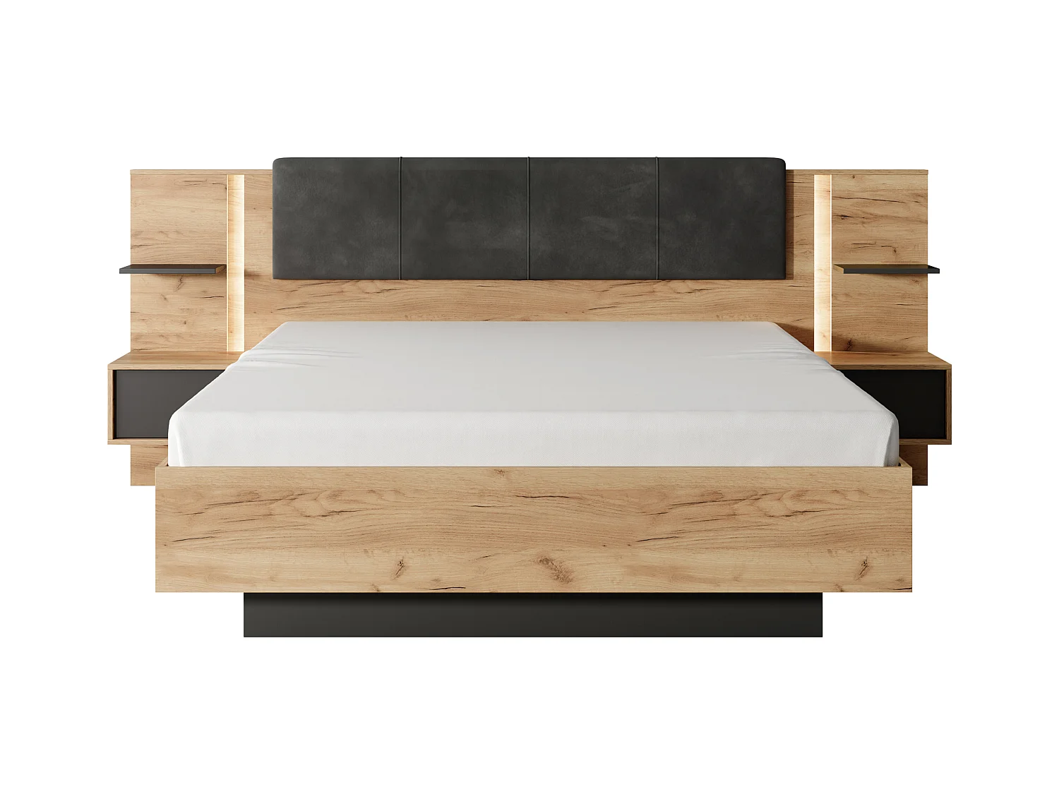 Bett mit Nachttischen - 160 x 200 cm - Mit LED-Beleuchtung - Holzfarben & Anthrazit - ELYNIA