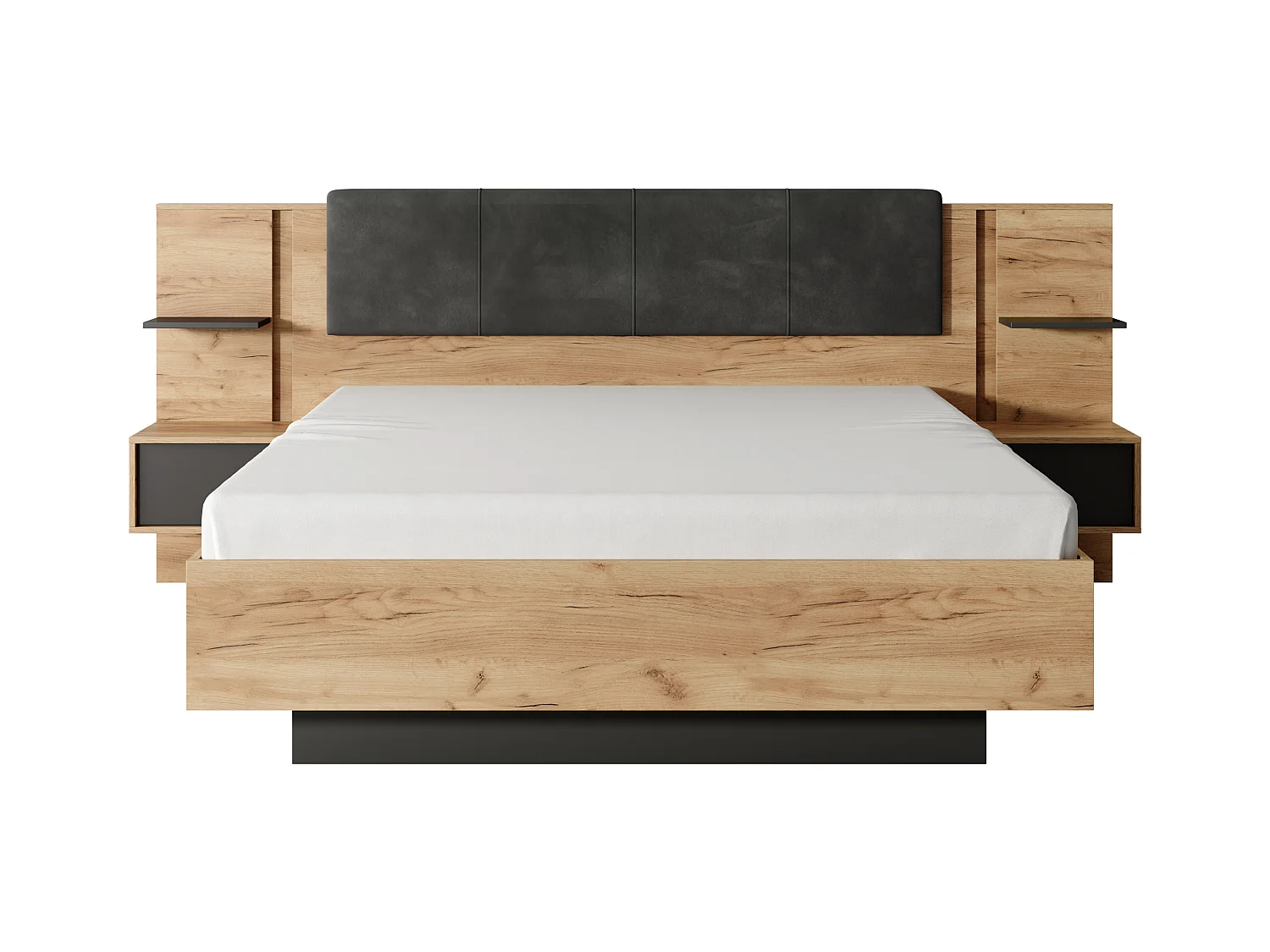Bett mit Nachttischen - 160 x 200 cm - Mit LED-Beleuchtung - Holzfarben & Anthrazit - ELYNIA
