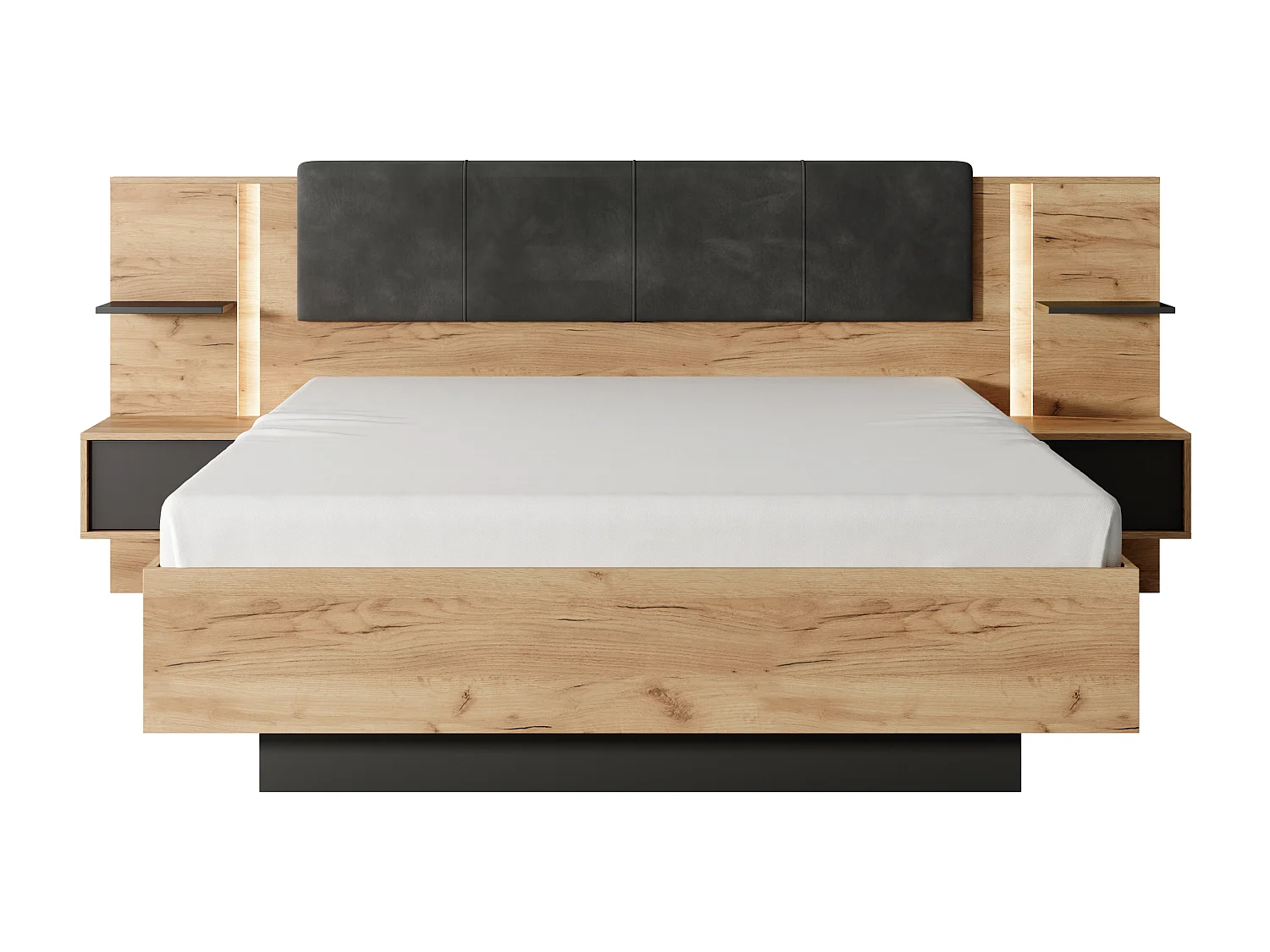 Lit avec chevets 160 x 200 cm - Avec LEDs - Coloris : Naturel et anthracite - ELYNIA